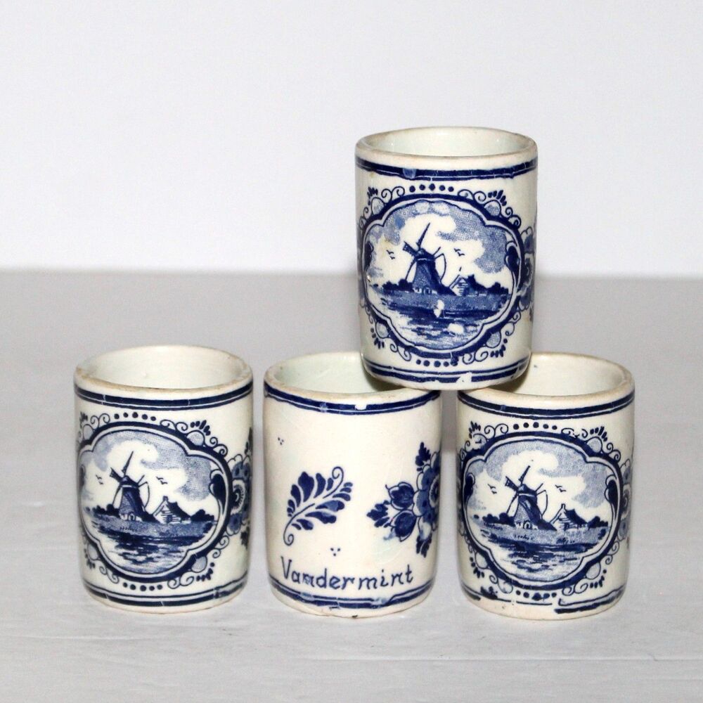 Vintage Vandermint Delft Ceramic Shot Glass Set of 4 Holland white blue